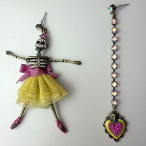 Betsey Johnson Skeleton Skull Earrings Pink Rhinestone Heart Y2K Whimsigoth Rare